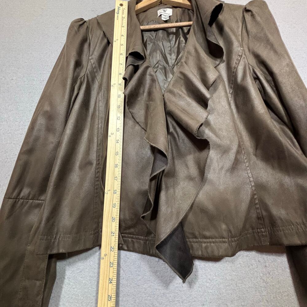 Worthington Women's Faux Leather Ruffle Jacket XL Brown Belted Cropped Chic Edgy - Picture 6 of 6